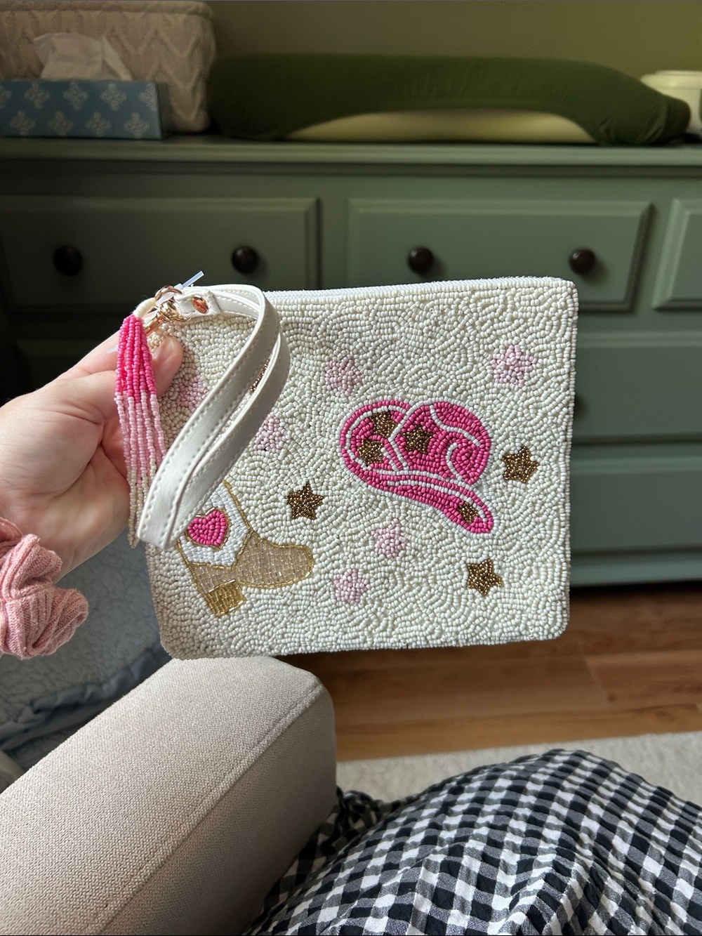 Beaded cowgirl print wristlet
